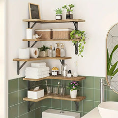 Set of 5 Rustic Wooden Corner Floating Shelves - Wall Mounted Storage Racks-2