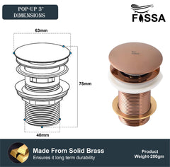 Fossa 3" Inch Brass Pop Up Waste Coupling with Smooth Push Button,Waste Coupling,Drain Out let System Pop up Full Threaded Waste Coupling (Copper)-1