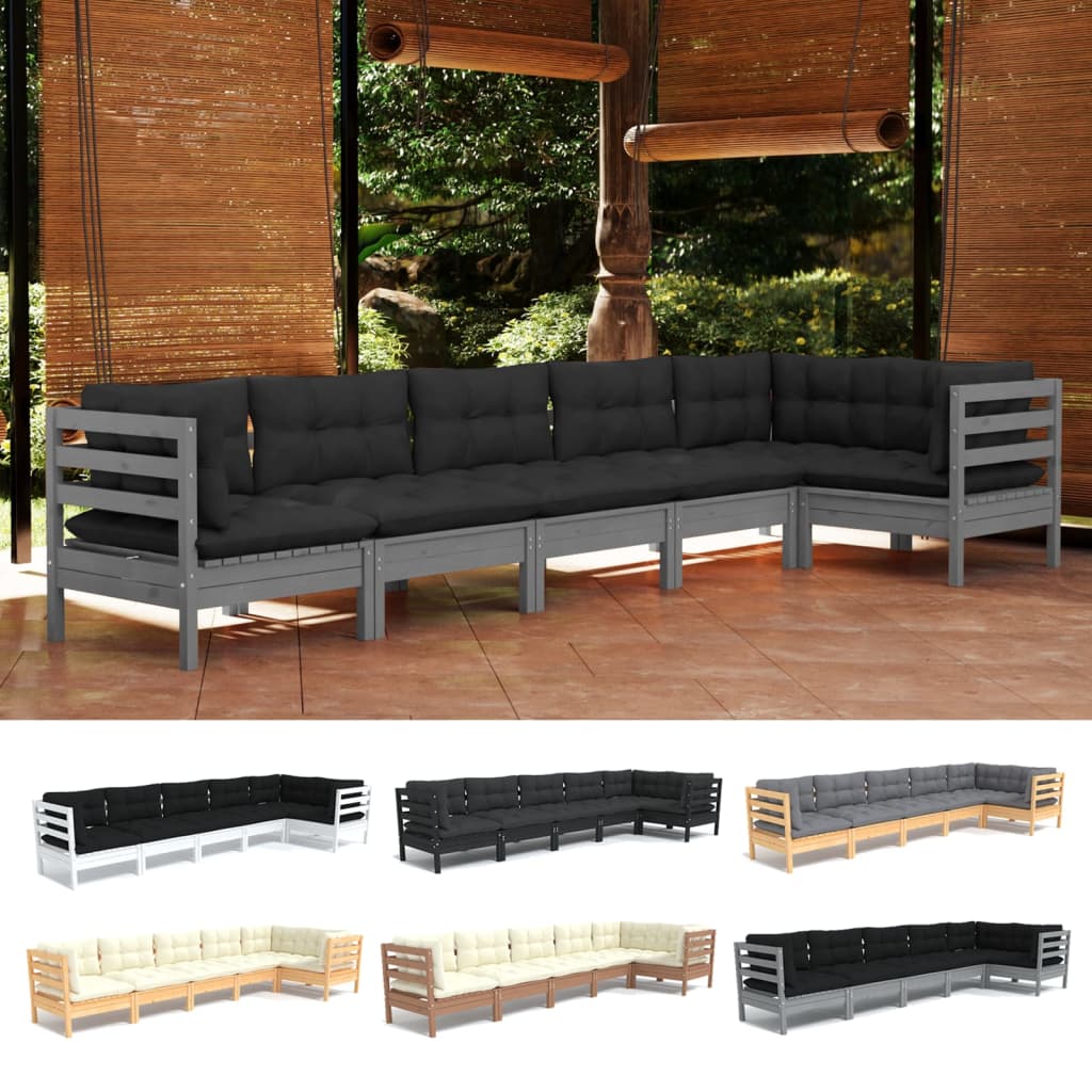 vidaXL 6 Piece Patio Lounge Set with Cream Cushions Pinewood-2